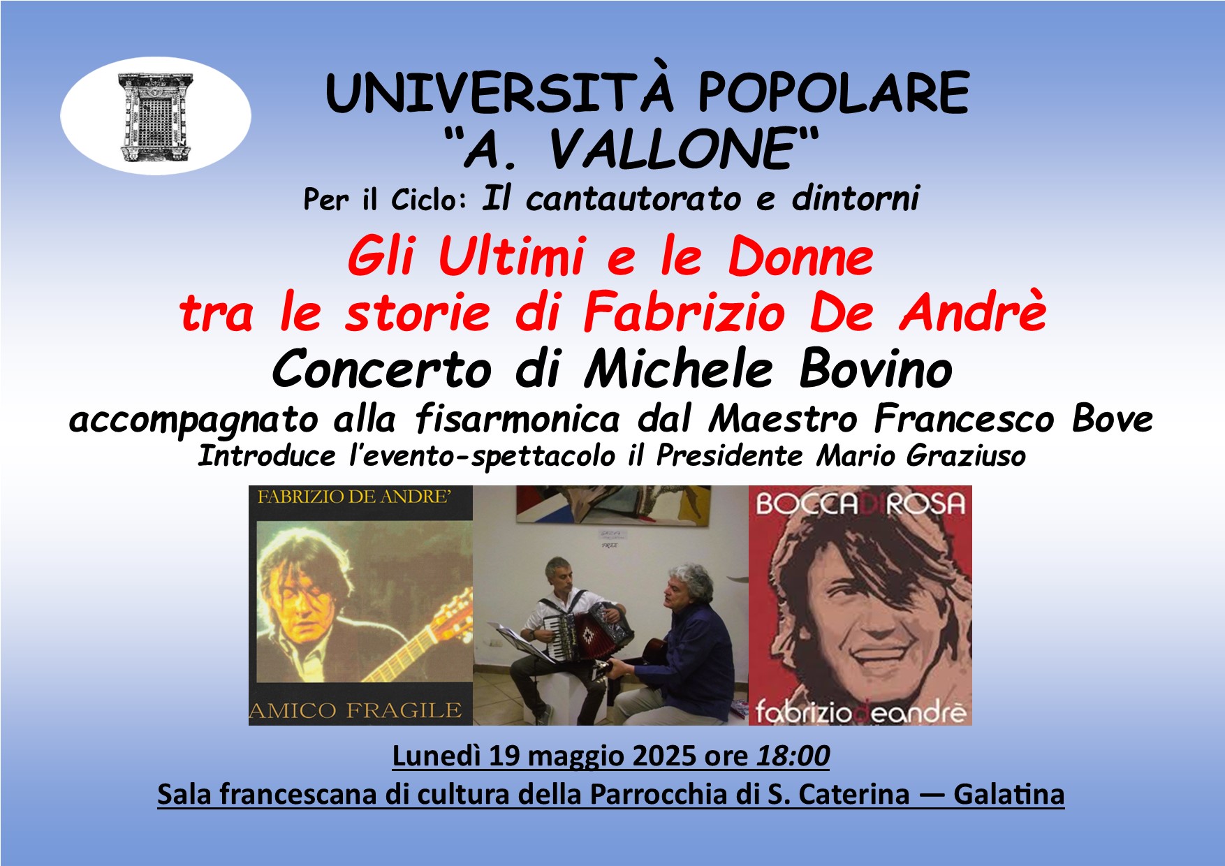 All’Università Popolare “Aldo Vallone” omaggio a De André con Michele Bovino
