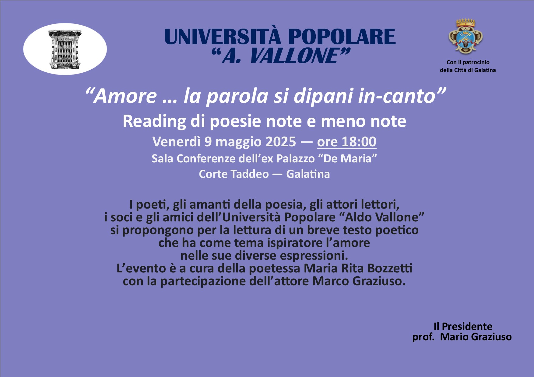 All’Università Popolare “Aldo Vallone” un Reading poetico dedicato all’Amore