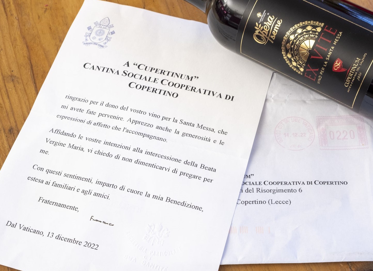 Ex Vite, il vino per la Santa Messa è arrivato in Vaticano