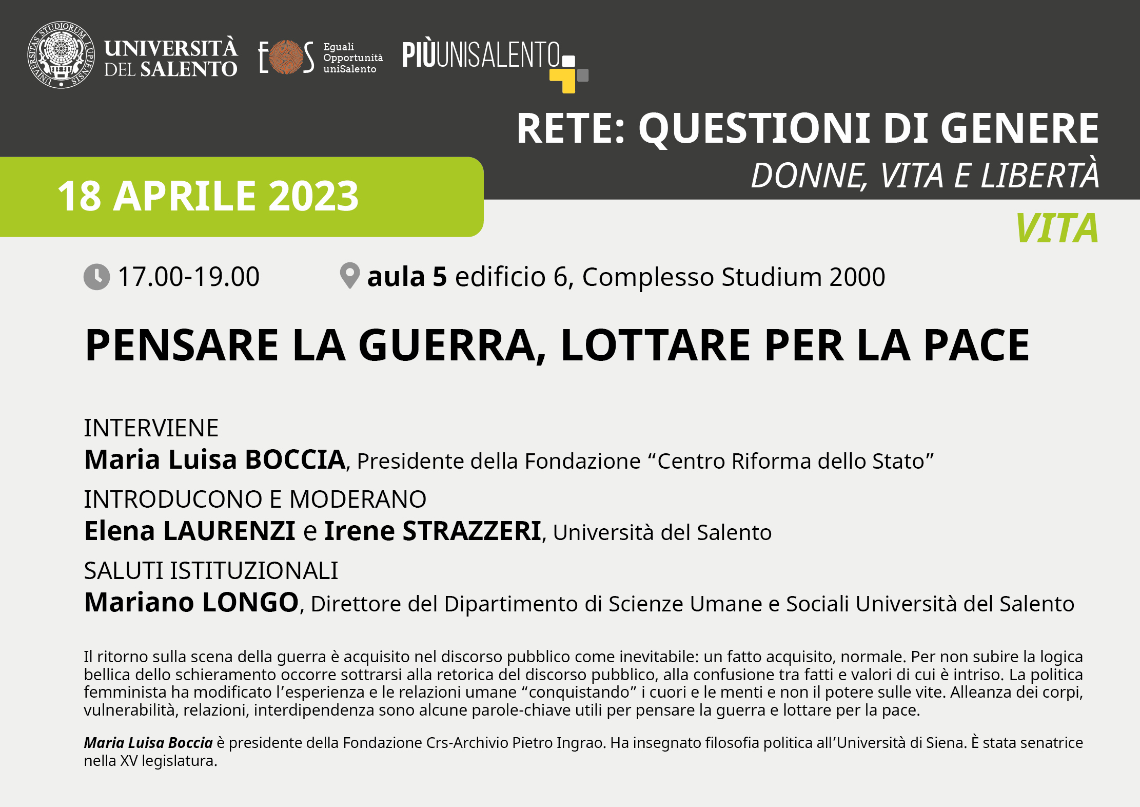 “Pensare la guerra, lottare per la pace”, il 18 aprile il seminario della rete UniSalento+