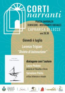 Il 4 luglio si apre la rassegna letteraria Corti Narranti a Caprarica di Lecce