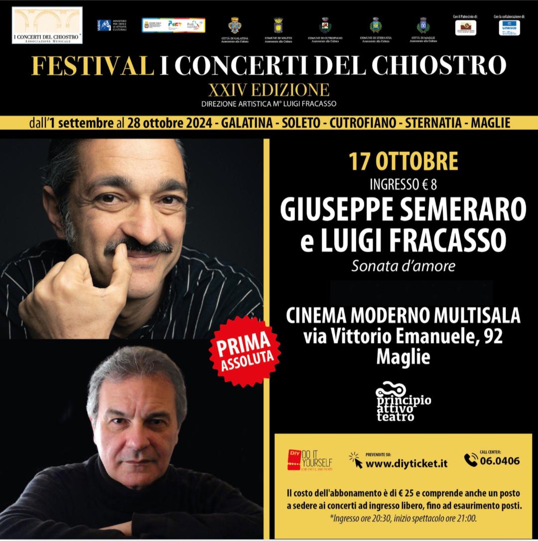 Festival “I Concerti del Chiostro” giovedì 17 ottobre a Maglie i pianisti Giuseppe Semeraro e Luigi Fracasso