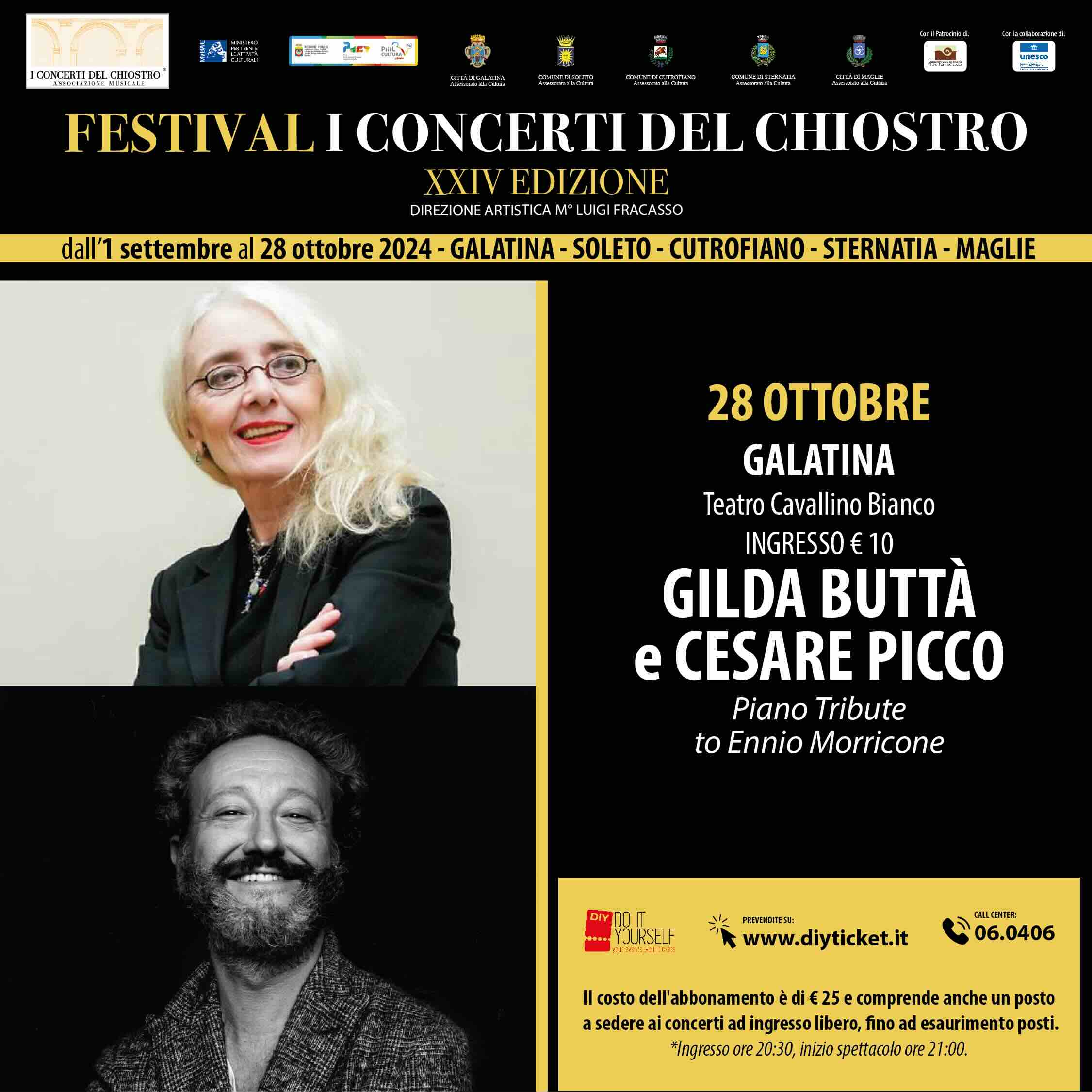 Stasera a Galatina per i Concerti del Chiostro Gilda Buttà e Cesare Picco in Piano Tribute to Ennio Morricone