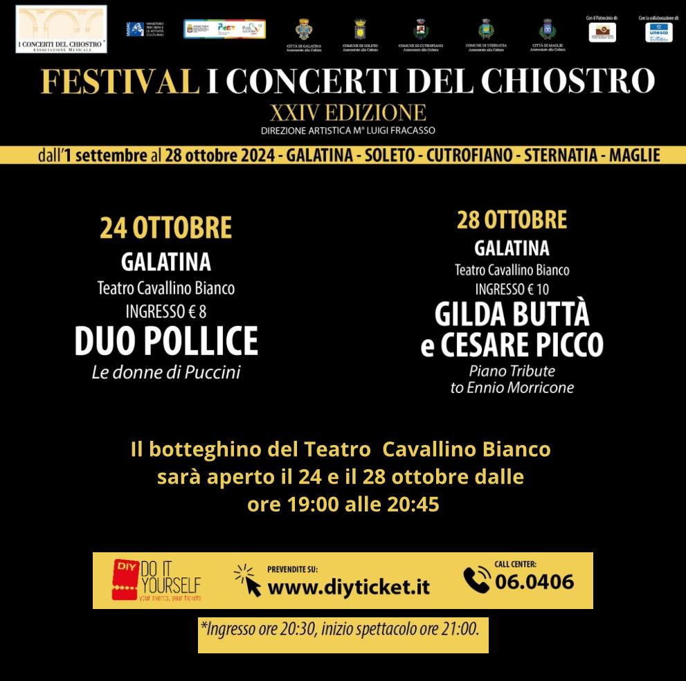 Con “Le donne di Puccini” del duo Pollice e Piano Tribute to Ennio Morricone di Gilda Buttà e Cesare Picco si conclude la XXIV edizione del Festival “I Concerti del Chiostro”