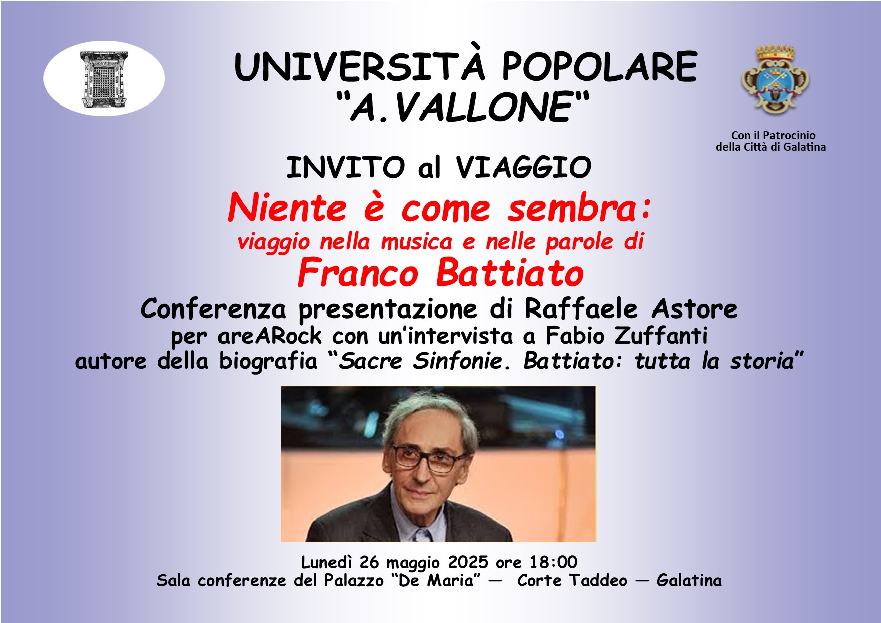 Stasera all’Università Popolare Aldo Vallone: “Niente è come sembra: viaggio nella musica e nelle parole di Franco Battiato”