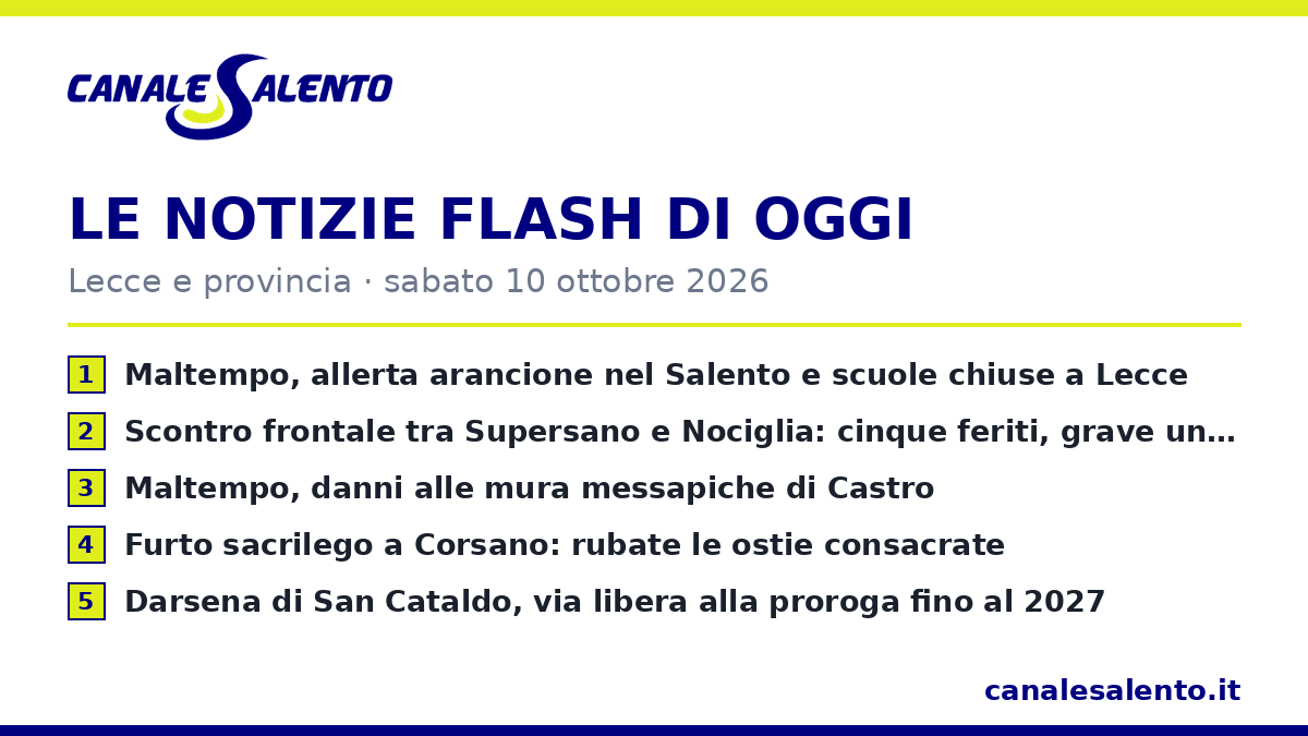 Le notizie flash di oggi — Lecce e provincia (10 ottobre)