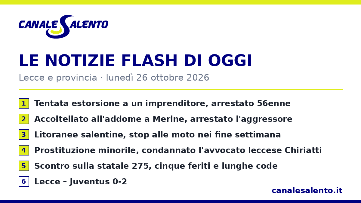 Le notizie flash di oggi — Lecce e provincia (26 ottobre)