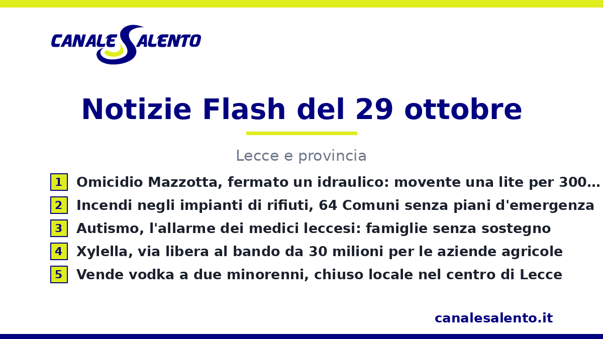 Le notizie flash di oggi — Lecce e provincia (29 ottobre)
